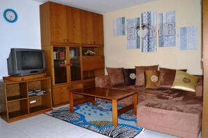 a living room with a couch and a tv at Ferienwohnung BackHaus in Bad Bocklet