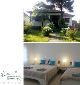 two pictures of a bedroom with two beds and a house at Apartman Otvoreno polje in Arandelovac