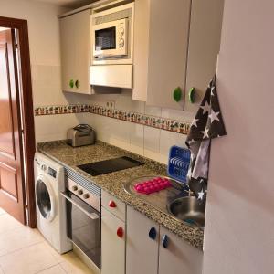 Il comprend une cuisine équipée d'un évier et d'un lave-linge. dans l'établissement Oasis Royal D311, à Corralejo