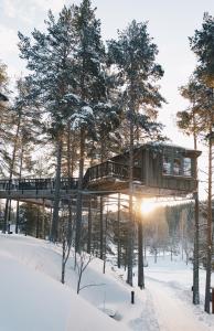 a tree house in the woods in the snow at Granö Beckasin in Granön