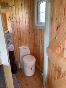 a small bathroom with a toilet and a sink at Fauld O Wheat Shepherds Hut , Loch Ken ,Off Grid in Castle Douglas
