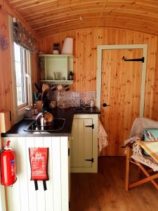 a kitchen in a log cabin with a sink at Fauld O Wheat Shepherds Hut , Loch Ken ,Off Grid in Castle Douglas