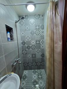 a bathroom with a shower with a sink and a shower curtain at Relax Inn in Korçë