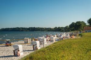 a line of beach umbrellas on the beach at Ferienwohnung Pape in Glücksburg