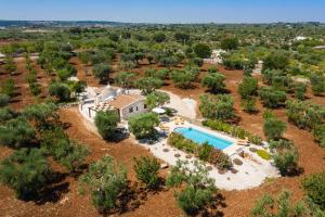 an aerial view of a property with a swimming pool and trees at Trullo Fantastico in Castellana Grotte +23 photos