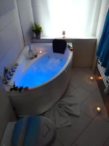 a bathroom with a tub filled with blue water at Biker Room in Radolfzell am Bodensee