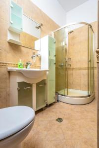y baño con ducha, aseo y lavamanos. en 1BD Apartment with a Cute Balcony in Kapana en Plovdiv