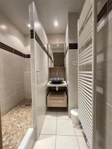 La salle de bains est pourvue d'un lavabo et de toilettes. dans l'établissement Superbe Studio avec vue exceptionnelle, à L'Alpe-d'Huez