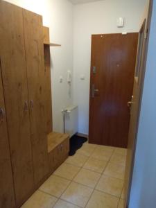 a bathroom with a wooden cabinet and a door at Apartament 4 osobowy, sauna, sala fitness in Szklarska Poręba