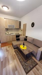 Apartment SIDRO Tivat في تيفات: غرفة معيشة مع أريكة وطاولة