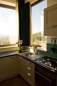 una cucina con lavandino, piano cottura e finestra di Agriturismo Il Falco a SantʼElpidio a Mare
