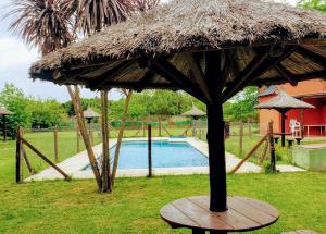 a large straw umbrella sitting in the grass next to a pool at Cabañas La Viña in Chascomús