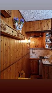 uma cozinha com paredes de madeira e um balcão com flores em CHALET LAVANDA San Giacomo di roburent em San Giacomo