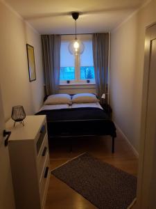 クウォツコにあるApartament Rodzinnyのベッドと窓のある小さな寝室