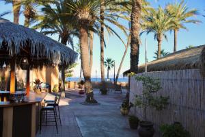 eine Terrasse mit Palmen und einem Strand in der Unterkunft Sukasa Bungalows in Loreto