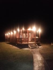 a cabin lit up at night with lights on it at Tiny House am Wald in Krina