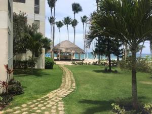 a walkway leading to a resort with palm trees and the ocean at Modern, Welcoming Studio, Ocean View in Juan Dolio in Juan Dolio
