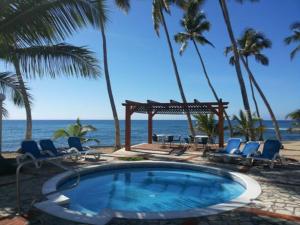 uma piscina junto à praia com palmeiras em Modern, Welcoming Studio, Ocean View in Juan Dolio em Juan Dolio