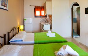 a bedroom with two beds with a green blanket at Livari Studios in Vourvourou