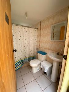 łazienka z toaletą i umywalką w obiekcie Casa grande Campestre, Vicuña, Valle del Elqui w mieście Vicuña
