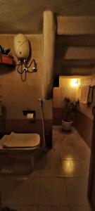 a small bathroom with a toilet and a light at Sanjana's stay in Udaipur