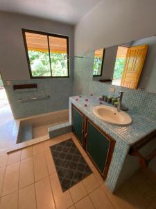 een badkamer met een wastafel en een spiegel bij Casa Luna Apartment in Puerto Viejo