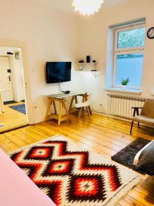 a living room with a table and a television at Apartment in Ivy covered house, near Old Town in Krakow