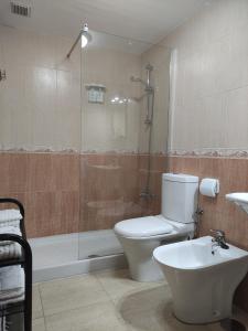een badkamer met een toilet, een douche en een wastafel bij Palma Tellus in Tazacorte