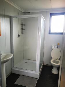 a bathroom with a shower with a toilet and a sink at @Baramee in Underberg