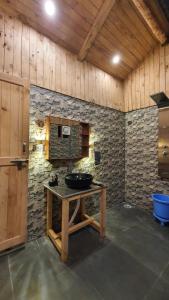 Jibhi的住宿－LITTLE WOOD TREEHOUSE，一间带水槽和石墙的浴室