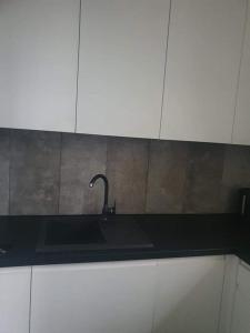 eine Küche mit einem Waschbecken und einer schwarzen Arbeitsplatte in der Unterkunft KLIF 1 Apartamenty-Warka in Warka