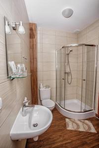 uma casa de banho com um chuveiro, um lavatório e um WC. em Guest House "Arkhistratyg" em Lviv
