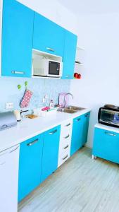 - une cuisine bleue avec évier et four micro-ondes dans l'établissement Apartman Ivanović 6, à Sokobanja