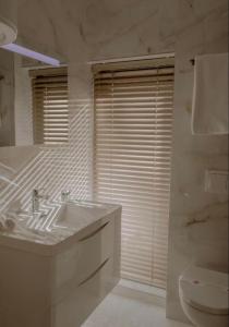 a white bathroom with a sink and a toilet at Green House Hotel & Restaurant in Tirana