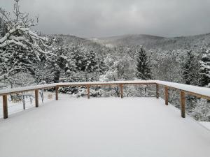 una terraza cubierta de nieve con montañas al fondo en LANDSITZ OBERHOF petit hôtel, en Muggendorf