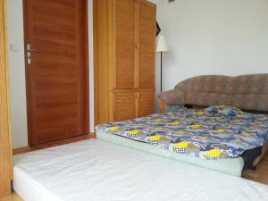 a bedroom with a bed and a couch and a door at Akra in Zakopane