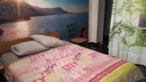 1 dormitorio con 1 cama con una pintura en la pared en PETIT APPARTEMENT, en Perpiñán