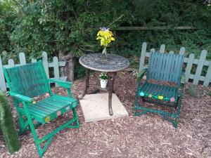 two green chairs and a table with a vase of flowers at Glamping Malvern shepherd hut in Malvern Link
