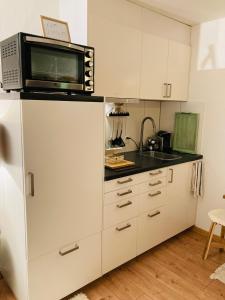 a kitchen with a microwave on top of a refrigerator at Your Pied-à-terre in Davos in Davos