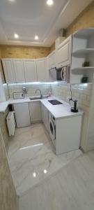 een witte keuken met een wastafel en een wasmachine bij Квартал Авиа in Vyshneve