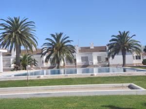 a swimming pool in front of a house with palm trees at Allotjament Joana in Riumar