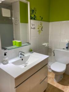 ein Badezimmer mit einem Waschbecken, einem WC und einem Spiegel in der Unterkunft Apartamentos Alcañiz, Ana in Alcañiz