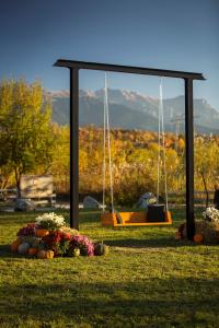 une balançoire dans un parc avec des fleurs sur l'herbe dans l'établissement Green Resort Bran, à Bran