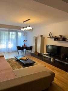 a living room with a couch and a tv and a table at Cioplea View in Predeal