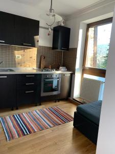 a kitchen with black cabinets and a rug at Cioplea View in Predeal