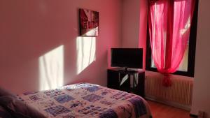 una camera da letto con pareti rosa, un letto e una TV di Le buffet de la gare a Chamoson