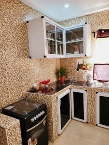 cocina con armarios blancos y encimera en Janesis Holiday Homes, en Oyibi