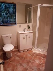 a bathroom with a toilet and a sink and a shower at Gulf Harbour Guest House Apartment in Auckland