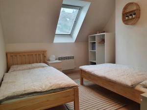 1 dormitorio con 2 camas y ventana en Apartmány Břachovna, en Mikulov v Krušných Horách