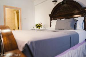 a large bed with a wooden headboard in a bedroom at Belle View Apartment Villa- Lilac in Laborie